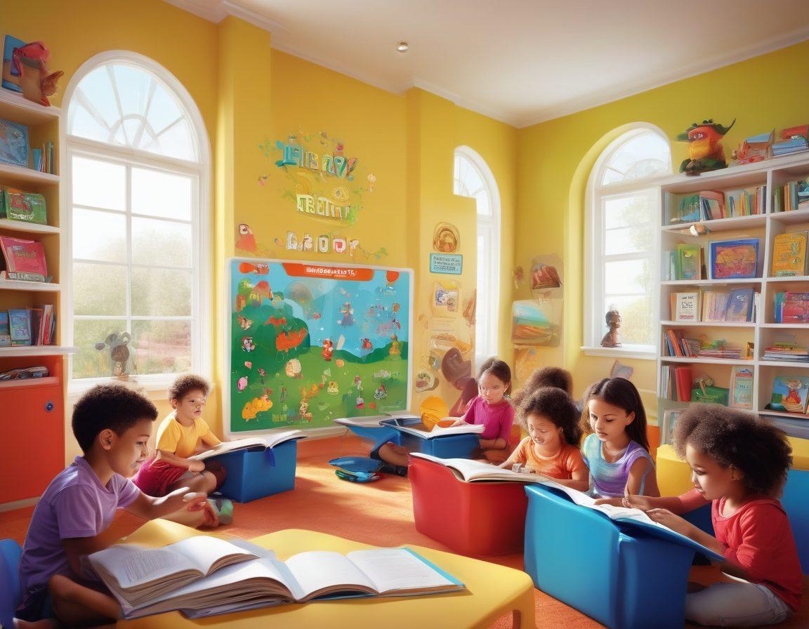 A colorful and playful scene depicting children engaged in interactive reading programs, surrounded by oversized storybooks and whimsical characters coming to life from the pages. Include a diverse group of kids joyfully reading together in a bright and inviting classroom setting, with posters promoting literacy and creativity on the walls. Show elements like digital tablets and interactive reading applications integrated into the environment. vibrant colors. cartoon style. 3D.