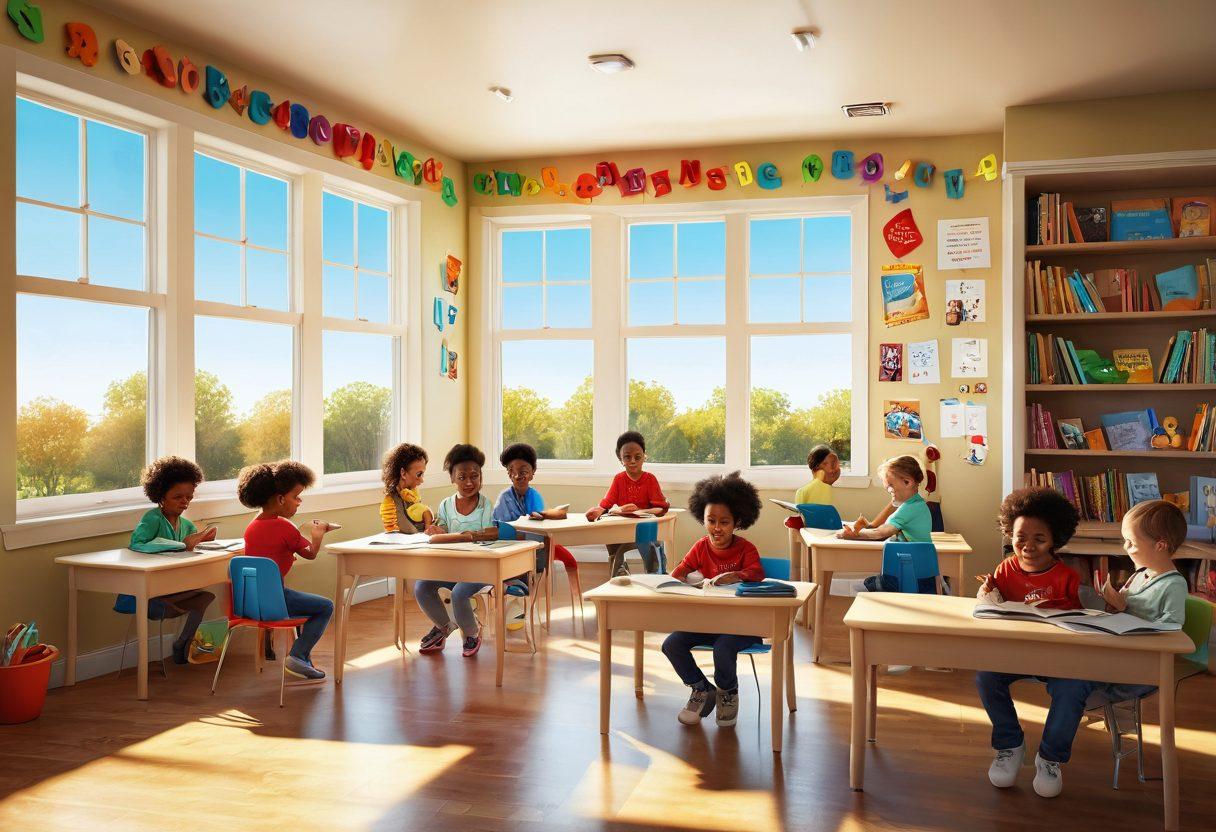 A whimsical classroom setting filled with diverse children joyfully engaging with colorful digital tablets, depicting letters and playful characters jumping off the screens. Bright illustrations of books, letters, and learning games are scattered around. Sunlight filters through a window, creating a warm and inviting atmosphere. super-realistic. vibrant colors. 3D.