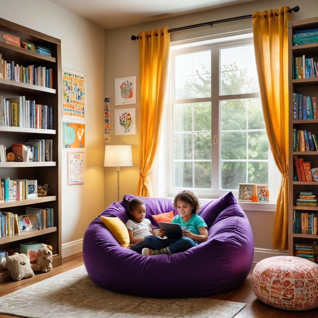 A cozy, inviting study room filled with colorful bookshelves, a child reading happily in a bean bag chair, surrounded by vibrant illustrations of letters and words floating around. Light streaming in through a window adorned with playful curtains, highlighting an engaging online reading resource on a tablet. Super-realistic. Vibrant colors. Warm and inviting atmosphere.